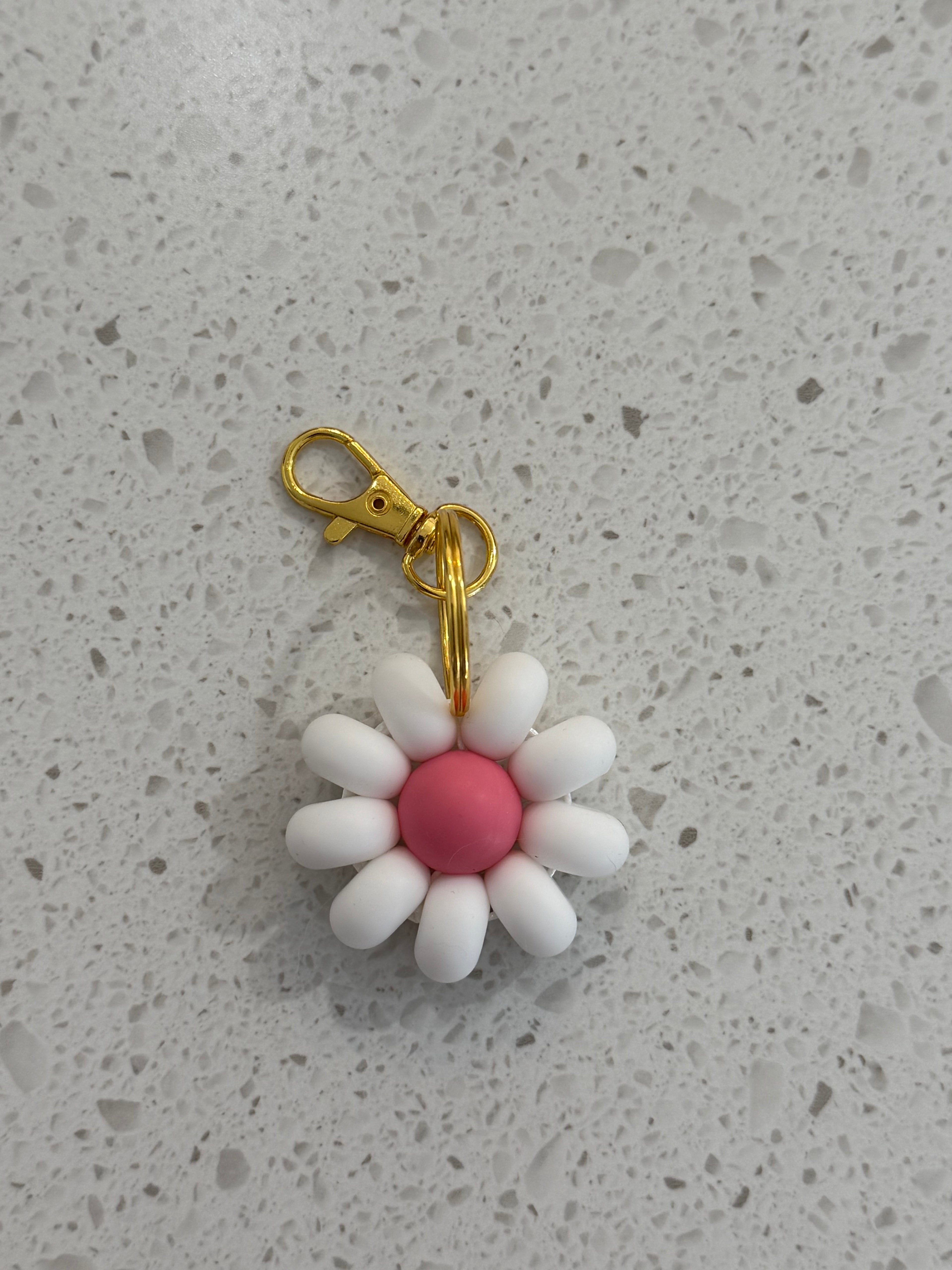 Porte Clé silicone Marguerite Blanc centre rose